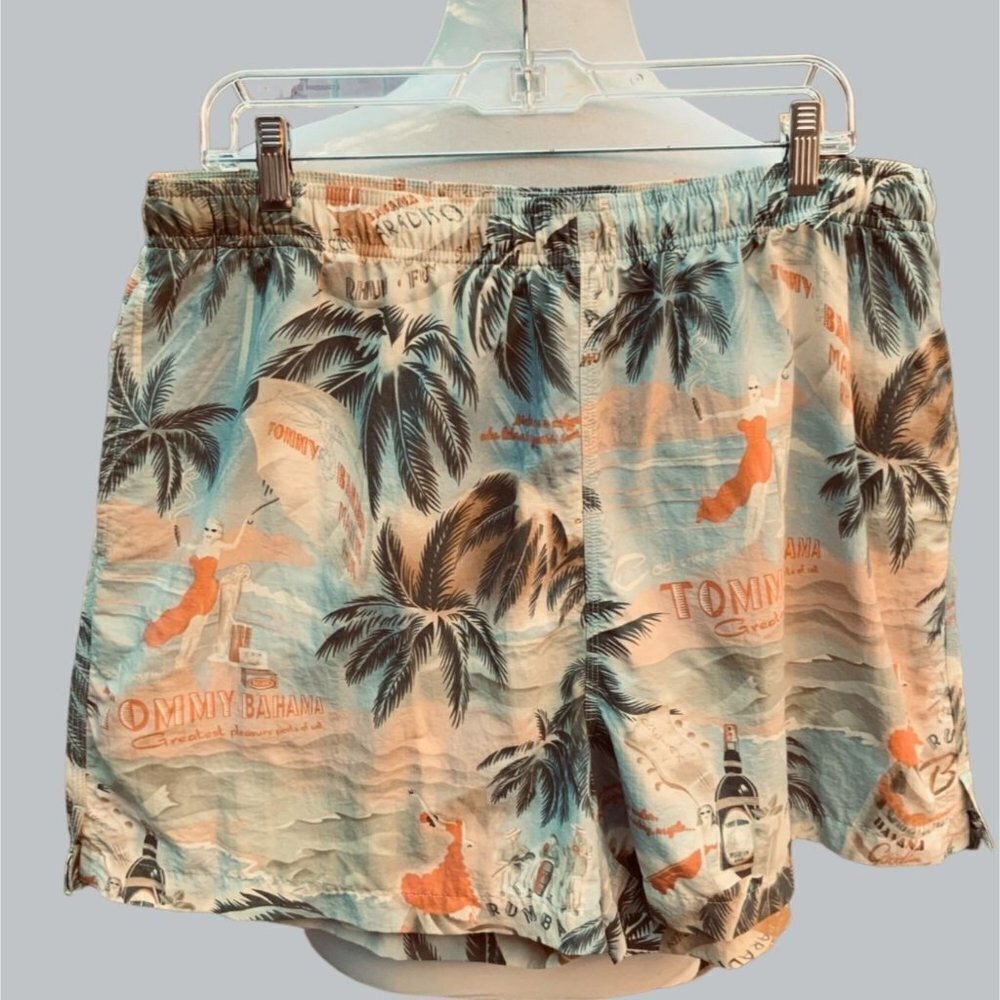 TOMMY BAHAMA TROPICAL LINED ELASTIC DRAWSTRING WAIST POCKETS SWIM TRUNKS LARGE